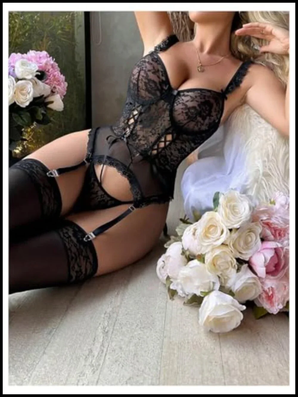 Lace Bustier Corset Lingerie Set with Garter, Thong & Stockings, Underwire